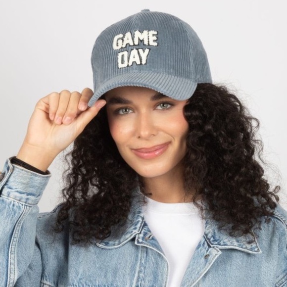 Dusty Blue Corduroy Sherpa Game Day Lettered Baseball Cap Women's Hat - Picture 2 of 4